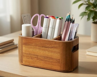 Solid Wood Desk Organizer, Minimalist Stationery Storage Box, Art Supply Holder