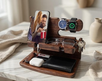 Solid Wood Docking Station, Nightstand Organizer, Phone Watch Wallet Key Holder