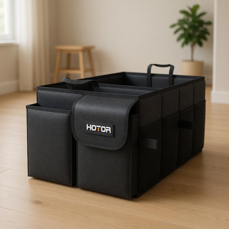 May include: Black car organizer with multiple compartments and handles. The organizer has the word "HOTOR" on the front. It is designed to keep items organized in a vehicle. The organizer is made of a durable material and has several pockets.