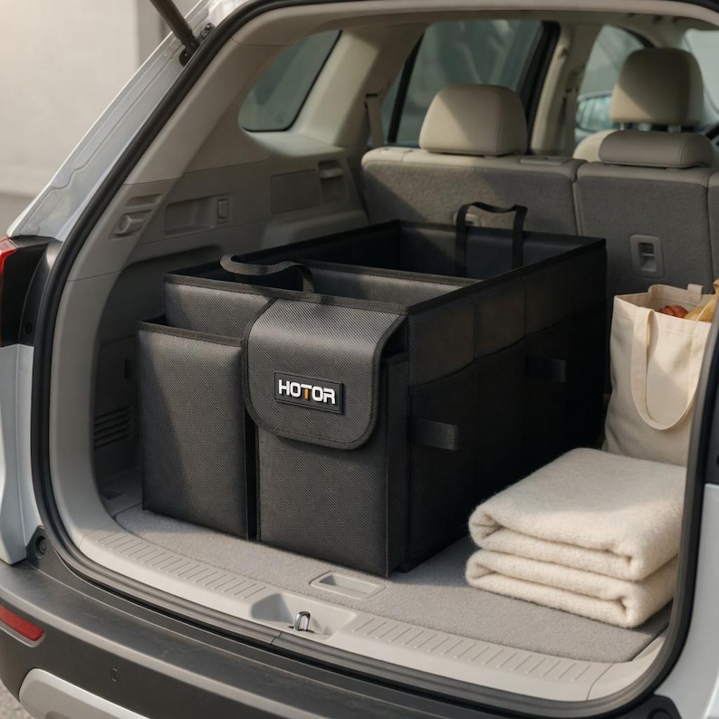 May include: A black car trunk organizer with the brand name "HOTOR" on the front. The organizer is in a car trunk, next to a folded blanket and a tote bag. The organizer has multiple compartments and handles for easy carrying.