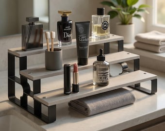 3-Tier Wood Perfume Organizer, Modern Skincare Vanity Display, Industrial Fragrance Storage