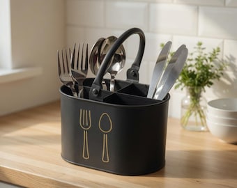 Black Metal Cutlery Caddy with Handle, Utensil Holder, Dining Organizer