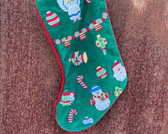 Vintage Velvet Christmas Stocking - Green with Red Piping, Embroidered Appliqué Santa, Snowman, and Angel - Retro Holiday Mantel Decor