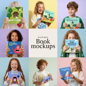 May include: A collection of children holding books with colorful covers. The books feature titles like "Happy Farm," "The Hidden Town," and "Green Adventures." The image includes the text "Set of 8 square Book mockups."
