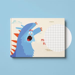 May include: A children's book with a blue monster illustration on the cover. The monster has orange spikes and is screaming. The book has a grid pattern on the right side and text that reads "The blue bird" and "MU FI".