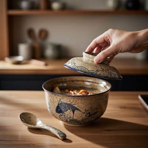 Japanese Gaiwan Ceramic Bowl With Lid, Handmade Japanese Soup Bowl, Traditional Tea Bowl, Koi Fish Pattern Ramen Bowl, Asian Kitchen Decor