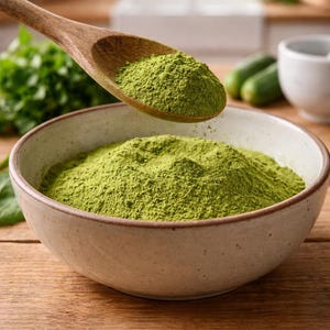 Puede incluir: Una cuchara de madera recoge una porción de polvo verde finamente molido de un cuenco de cerámica. El cuenco está lleno del mismo polvo verde. La escena está ambientada sobre una superficie de madera, sugiriendo una cocina.