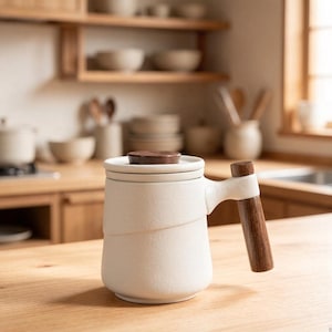 Juego de taza de té de cerámica japonesa con infusor y mango de madera, hecha a mano en gres, estilo minimalista wabi sabi, regalo de cocina zen.