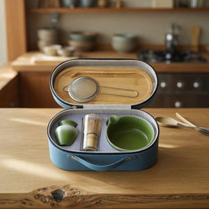 May include: A blue carrying case with a matcha tea set. The set includes a green ceramic bowl, a whisk, a small green ceramic vase, a strainer, and a bamboo scoop. The case is open, revealing the tea set inside.