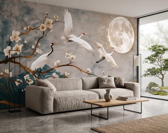 Mondkraniche | Japandi XXL Tapete Beige | Kranich Wandbild Wohnzimmer | Asiatische Wandkunst | WANDKULT