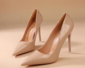 Zapatos de tacón de aguja de charol para mujer / Zapatos de salón con punta afilada, zapatos elegantes para vestir.