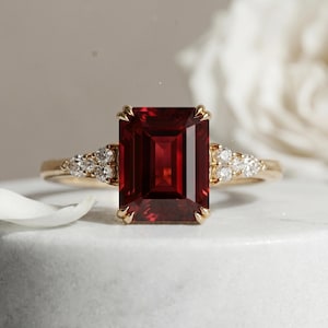 Emerald Cut Ruby Engagement Ring, Art Deco Sterling Silver Wedding Band