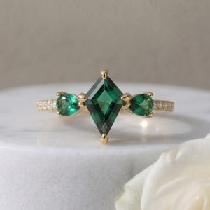 Kite Cut Emerald Ring, Three Stone Gold Plated Sterling Silver Wedding Ring