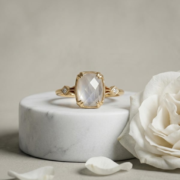 Minimalist Style Moonstone Ring , Elegant White Rose Cut Engagement Ring