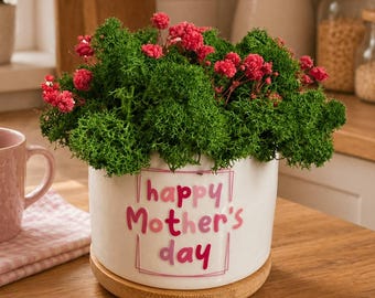 Regalo para el Día de la Madre, arreglo de musgo preservado, maceta "Feliz Día de la Madre", regalo único para mamá, decoración floral verde, regalo para mamá.