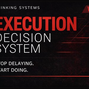 May include: A graphic with the text "AI THINKING SYSTEMS" and "VOL. 1" in the upper corners. The words "EXECUTION DECISION SYSTEM" are in large red and white text. Below, the text reads "STOP DELAYING. START DOING." on a dark background.