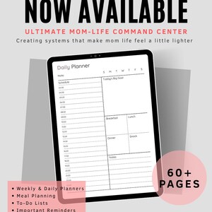 May include: A digital download advertisement for a daily planner. The black tablet displays a planner layout with sections for scheduling, meals, and notes. Text includes "NOW AVAILABLE," "Weekly & Daily Planners," and "60+ PAGES."