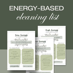 May include: A set of three printable cleaning lists with a green and white color scheme. The lists are titled "Zero Energy", "Low Energy", and "High Energy", offering various cleaning tasks. The text "ENERGY-BASED cleaning list" is at the top.