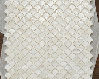 White Fish Scale Mother of Pearl Mosaic, Mermaid Shell Backsplash Tile, Mesh Mounted Scallop Wall Decor