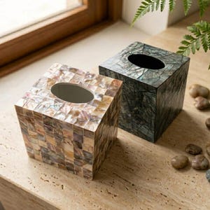 May include: Two square tissue box covers featuring a mosaic of iridescent shell tiles. One cover displays light beige and pearlescent tones, while the other features dark charcoal and deep green shell pieces, both with a central oval opening.