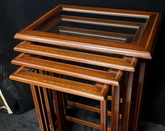 French Nesting Tables – Solid Mahogany Wood, Glass Top, Vintage Antique Side Table Set