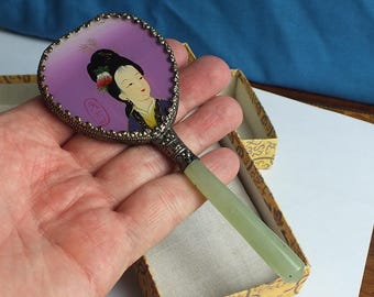 An Antique / Vintage Chinese Oriental Hand Mirror With Jadeite Handle and Female Portrait In Silver Metal Mount - Original Box
