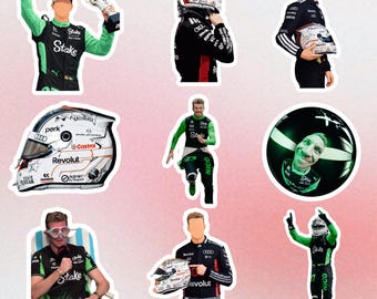 May include: A collection of stickers featuring Formula 1 racing drivers in various poses. The stickers showcase drivers in their racing suits and helmets, with sponsor logos and team branding. The color palette includes black, green, and white.