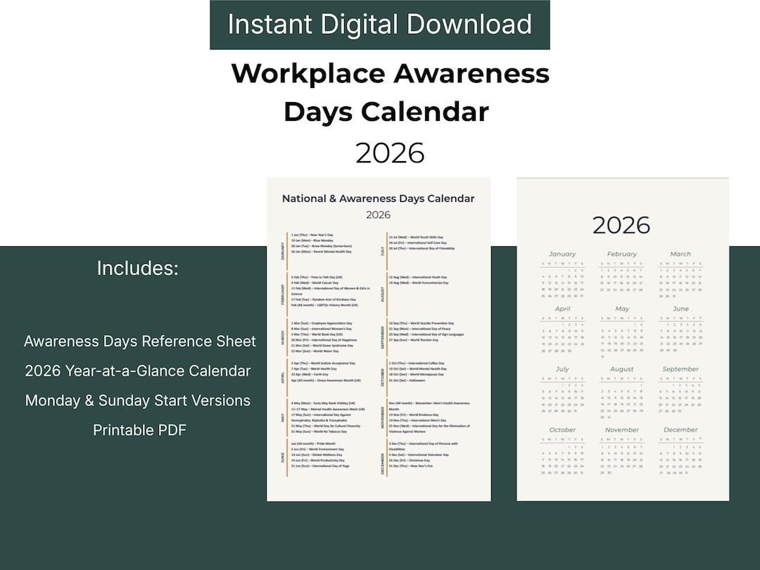 Workplace Awareness Days Calendar 2026 | HR Planning Tool (printable ...
