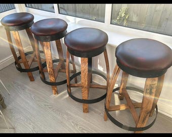 leather topped whiskey barrel oak stool, fully sanded version