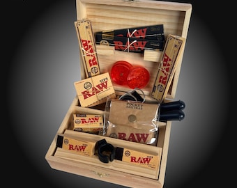 Rolling Kit Aufbewahrungsbox aus Holz | Komplettset mit Blättchen & Zubehör | Marken Produkte | Geschenk Set für Raucher | Smoking Organizer