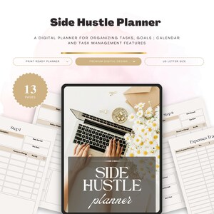 Könnte beinhalten: Ein digitaler Side Hustle Planer mit 13 Seiten, konzipiert für die Organisation von Aufgaben, Zielen und Kalendern. Das Bild zeigt einen Laptop mit Tastatur, Blumen und Planerseiten. Der Planer hat das US Letter Format.