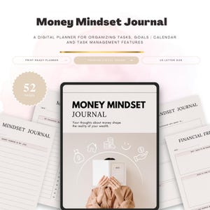 Könnte beinhalten: Ein digitaler Planer mit dem Titel "Money Mindset Journal" mit dem Text "Ihre Gedanken über Geld prägen die Realität Ihres Reichtums." Das Bild zeigt ein Tablet mit dem Journal, zusammen mit mehreren Seiten und dem Text "52 Seiten."