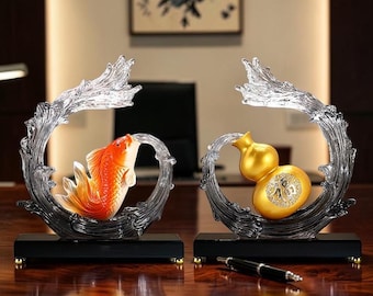 Set di statue di lusso Feng Shui con pesci koi e zucca dorata, scultura a onda in resina, decorazione per la casa porta prosperità, ornamento per l'ufficio porta ricchezza, regalo Zen asiatico