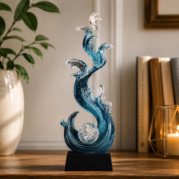 Ocean Wave Sculpture | Modern Coastal Resin Decor | Blue Sea Art Statue | Luxury Nautical Home Accent | Feng Shui Water Element
