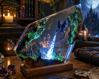 Lampada a forma di drago in resina, luce notturna fantasy a forma di drago, lampada diorama in resina epossidica, decorazione fantasy, luce per stanza da gamer, regalo unico fatto a mano, regalo per geek