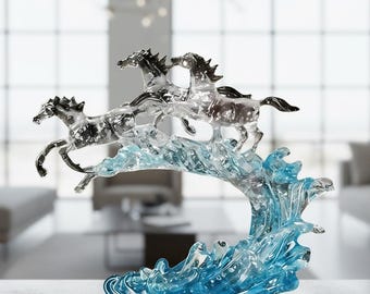 Scultura di cavalli a forma di onda, statua di cavallo di lusso in resina, decorazione moderna per la casa, ornamento a forma di cavallo secondo i principi del Feng Shui, decorazione per la scrivania dell'ufficio, regalo per l'inaugurazione della casa