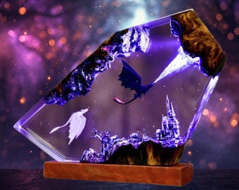 Lampada Drago, luce notturna di Dragon Trainer, lampada fantasy, lampada in resina, luce notturna in resina, lampada da tavolo, luce notturna per bambini, lampada unica, arte in legno e resina