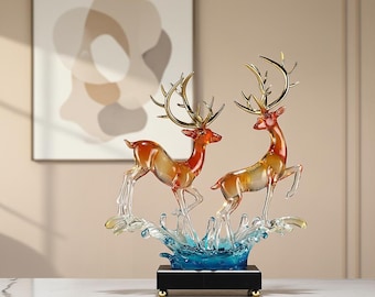 Luxury Crystal Deer Sculpture Pair, Glass Elk Figurines with Gold Antlers, Modern Living Room Decor, Elegant Deer Statue, Housewarming Gift