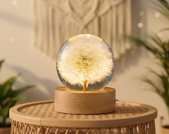 Festa della mamma, lampada da notte in cristallo, lampada a LED con base in legno, decorazione floreale in resina, lampada da comodino minimalista, lampada da scrivania estetica, regalo