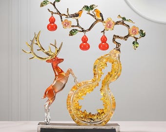 Capolavoro di lusso in scultura di zucca a forma di cervo secondo i principi del Feng Shui, statua in resina di cristallo geode con lamina d'oro, regalo Wulou per salute e ricchezza, arte smaltata a forma di albero.
