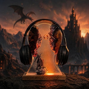 May include: Black over-ear headphones displayed on a clear, curved stand with a miniature warrior statue. The stand has a wooden base, set against a fantasy landscape with a dragon and castle.
