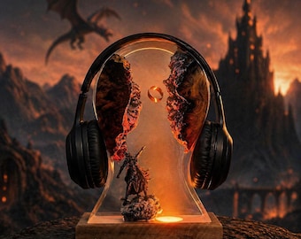 Lampada del Signore Oscuro, supporto per cuffie, diorama di lava fantasy, lampada ad anello diorama, arte ad anello mitologica, regalo per la festa del papà, regalo per lui, regalo geek