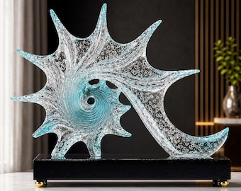 Scultura decorativa in vetro a forma di onda oceanica, statua moderna di arte costiera, ornamento di lusso a forma di nautilus in cristallo, decorazione astratta per la casa a tema marino, complemento d'arredo per mensole in ufficio.