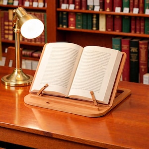 Può includere: Un leggio in legno sostiene un libro aperto su una scrivania in legno, illuminato da una lampada da scrivania in ottone. Lo sfondo presenta una libreria piena di libri. Il leggio ha due supporti in legno.