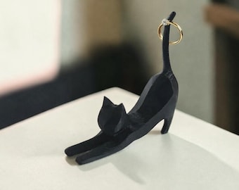 Soporte para anillos con forma de gato estirado, organizador de joyas impreso en 3D, regalo para amantes de los gatos