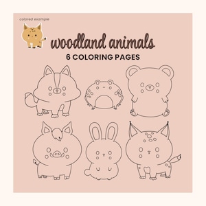Peut inclure: Une série de six pages de coloriage d'animaux de la forêt. L'image présente un renard, une grenouille, un ours, un sanglier, un lapin et un chat, tous dans un style de dessin au trait simple. Le texte "woodland animals" et "6 coloring pages" est également inclus.