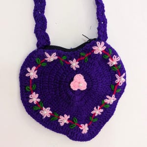 Handmade Crochet Baby Purse with Flower Embroidery | Wool Shoulder Bag (Purple)
