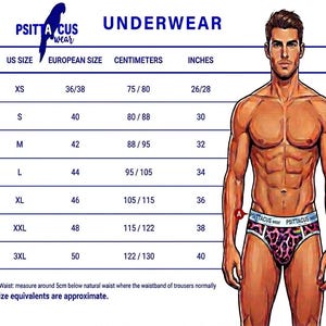 May include: An illustration of a man wearing leopard print underwear, with a size chart for underwear. The chart includes US sizes, European sizes, measurements in centimetres and inches. The brand name "PSITTACUS wear" is visible.
