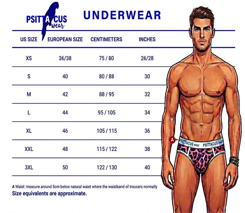 May include: An illustration of a man wearing leopard print underwear, with a size chart for underwear. The chart includes US sizes, European sizes, measurements in centimetres and inches. The brand name "PSITTACUS wear" is visible.