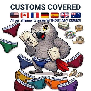 May include: A cartoon image shows a grey parrot with envelopes, surrounded by colorful underwear and tape rolls. The text "CUSTOMS COVERED" and "All our shipments arrive WITHOUT ANY ISSUES!" are displayed above. The underwear has the text "PSITTACUS wear".